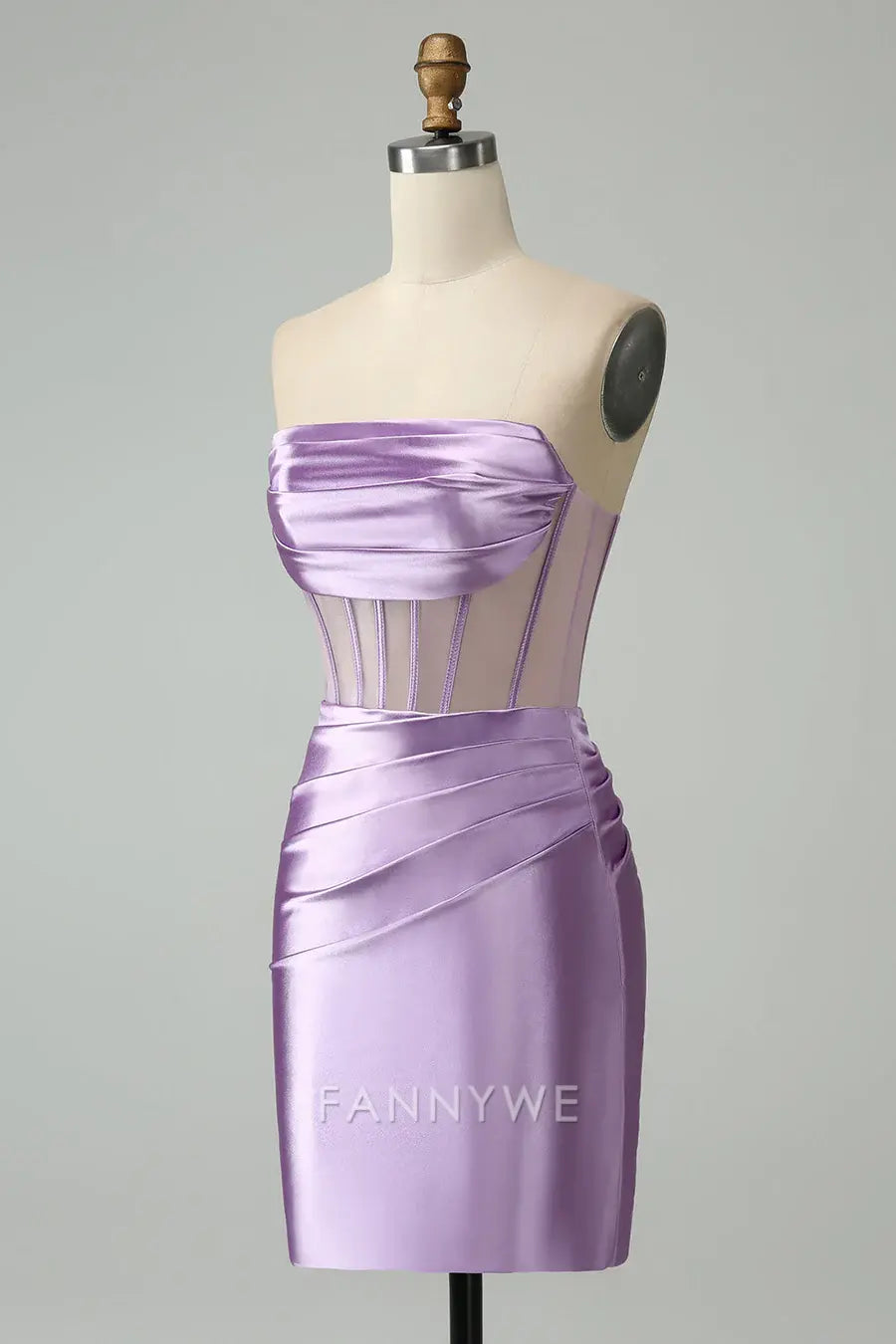 FannyWe Simple Strapless Sheer Bodice Mini Cocktail Dress in Lavender formal wear dresses